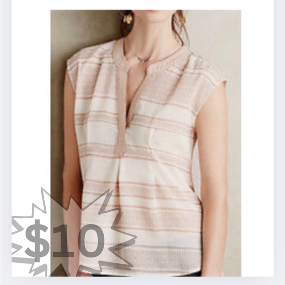 Anthropologie Postmark Egress Split Neck Hi Lo Blouse S Blush and Cream - Picture 1 of 16